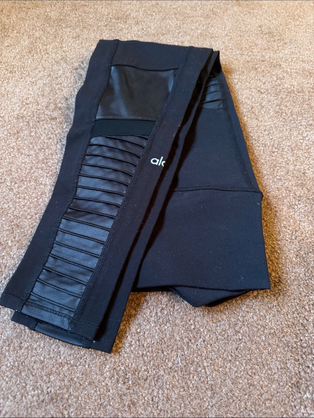 ALO Yoga Black Moto-Panel Leggings with Ribbed Detail